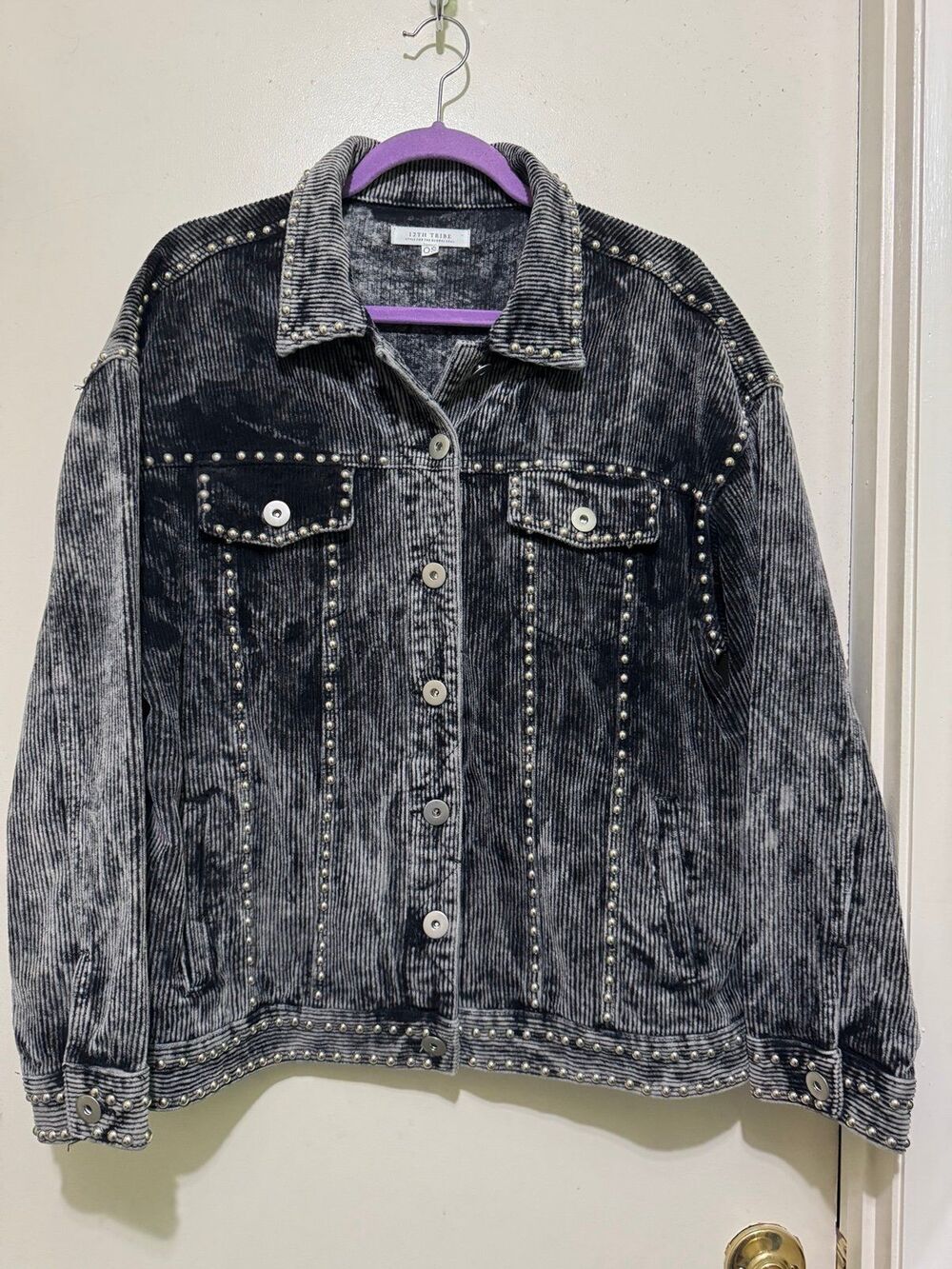12th Tribe Black Corduroy Silver Studded Jean jacket OS